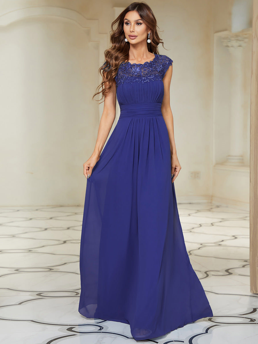 Chic Lace Cap Sleeve Evening Gown with Ruched Waist and Open Back