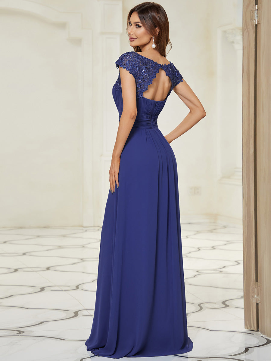 Chic Lace Cap Sleeve Evening Gown with Ruched Waist and Open Back