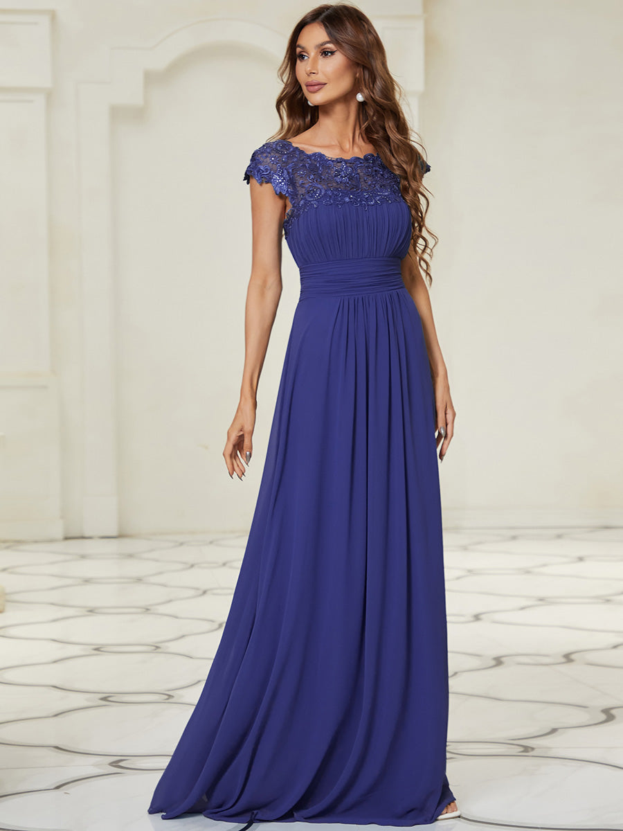 Chic Lace Cap Sleeve Evening Gown with Ruched Waist and Open Back