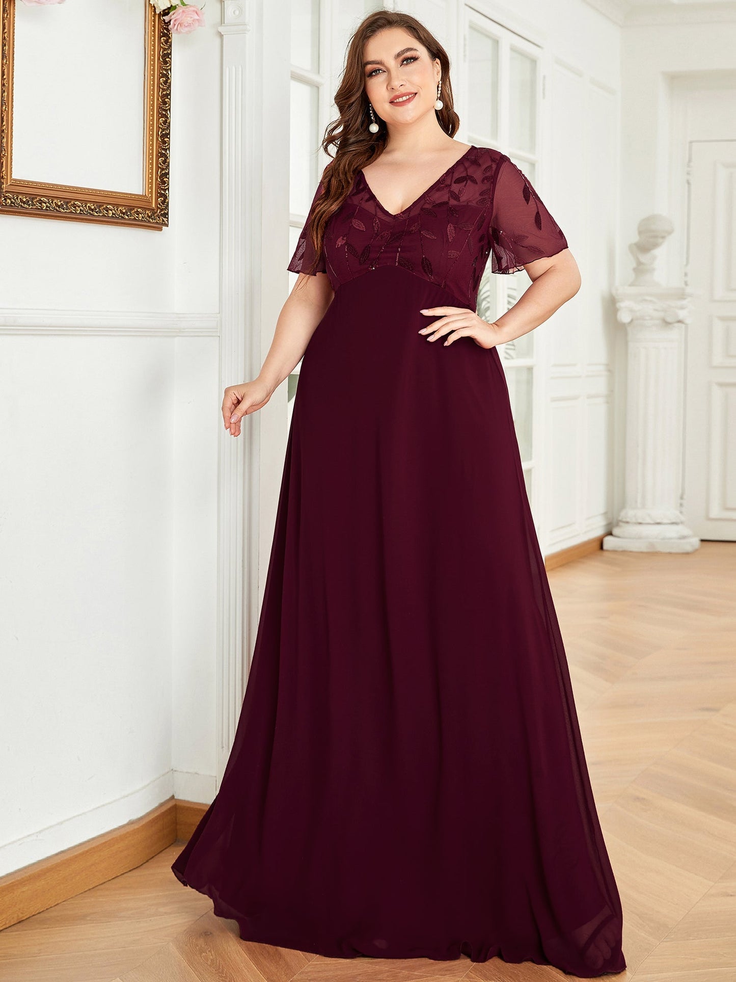 Floral Sequin Plus Size Evening Gown with Cap Sleeve